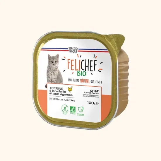 Een 100 gram bakje biologische graanvrije gevogelteterrine voor katten van Felichef