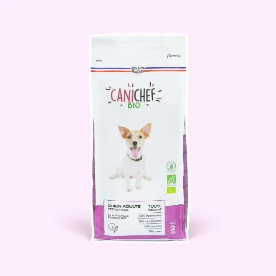 Een twee kilogram zak Canichef biologische hondenvoeding zonder granen voor honden van kleine rassen