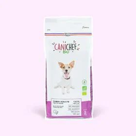 Een vijf kilogram zak biologische hondenvoer voor grote en middelgrote honden van Canichef