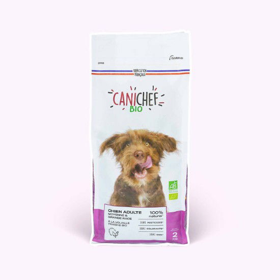 Een twee kilogram zak biologische hondenvoer voor grote en middelgrote honden van Canichef