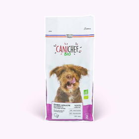 Een twee kilogram zak biologische hondenvoer voor grote en middelgrote honden van Canichef