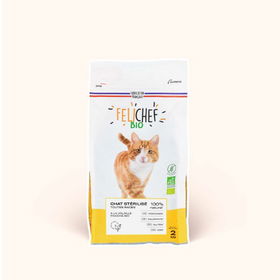 Een vijf kilogram zak biologische kattenvoer zonder granen voor de gesteriliseerde kat van Felichef