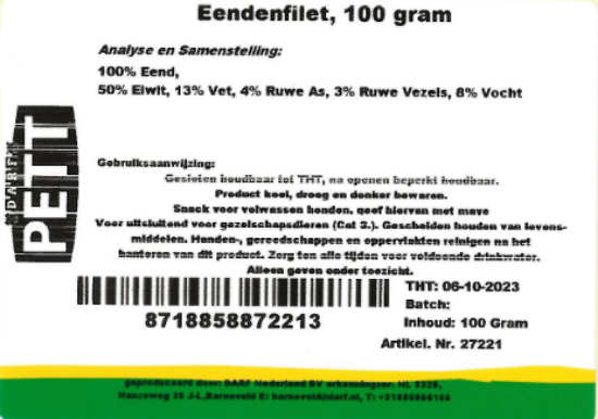 Een etiket van de eendenfilet snacks van Darf