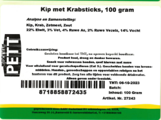 Een etiket van de kip met krabsticks van Darf