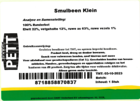 Een etiket van snack smulbeen klein van Darf