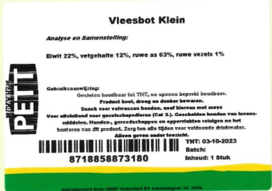 Een etiket van snack varken vleesbot klein van Darf