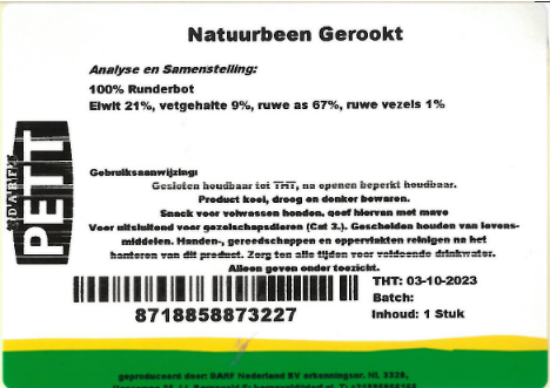 Een etiket van het gerookte natuurbeen van Darf