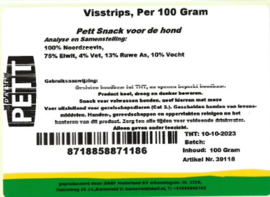 Een etiket van de snackvisstrips van Darf