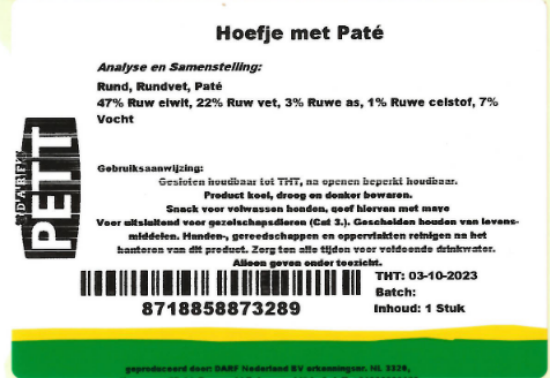 Een etiket van het gevulde hoefje met paté van Darf