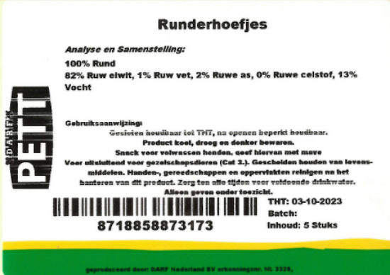 Een etiket van snack runderhoefjes van Darf