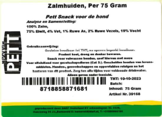 Een etiket van de zalmhuid snack van Darf