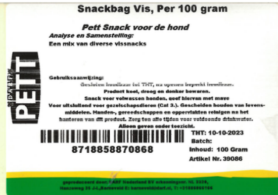 Een etiket van snackbag vis van Darf