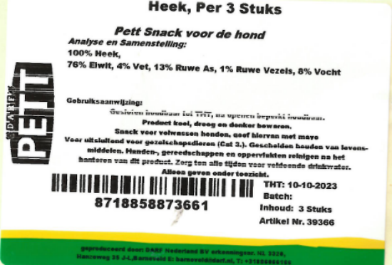 Een etiket van heek snacks van Darf