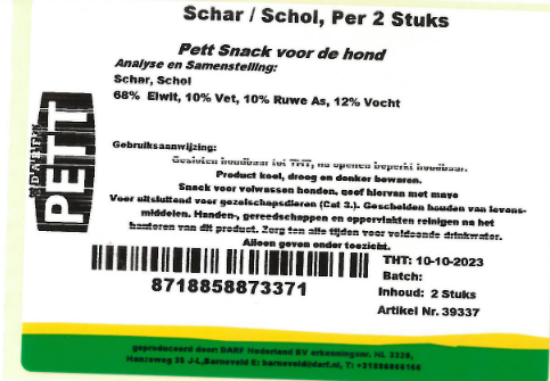 Een etiket van Schol en Schar snacks van Darf