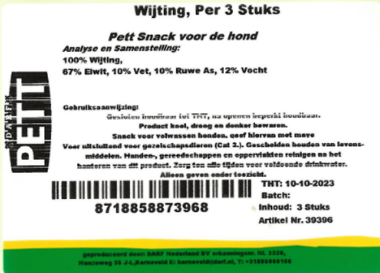 Een etiket van de wijting snacks van Darf