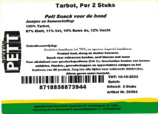 Een etiket van tarbot snacks van Darf