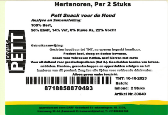 Een etiket van hertenoren met vel van Darf