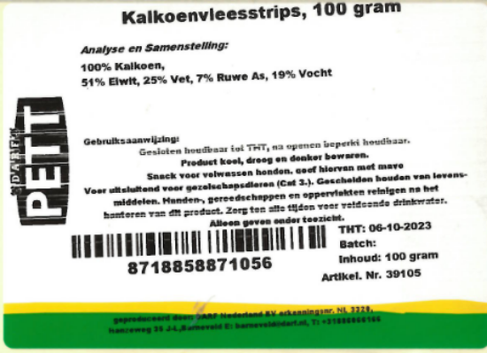 Een etiket van de kalkoenvleesstrips van Darf