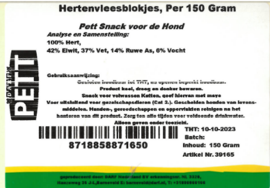 Een etiket van snack hertenvleesblokjes van Darf