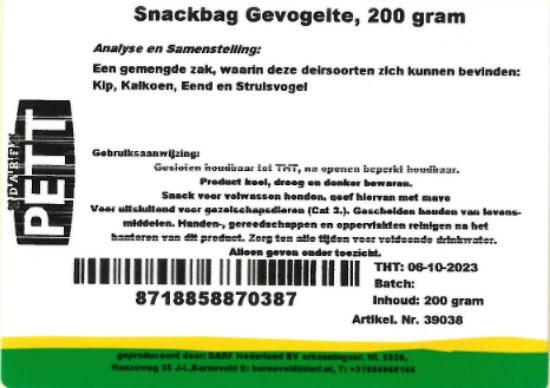 Een etiket van snackbag gevogelte van Darf