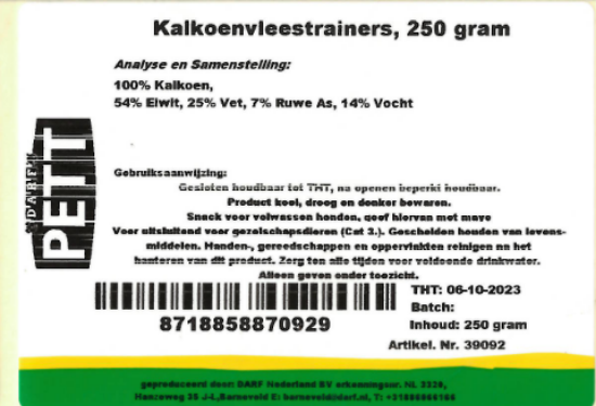 Een etiket van de snack kalkoentrainers van Darf