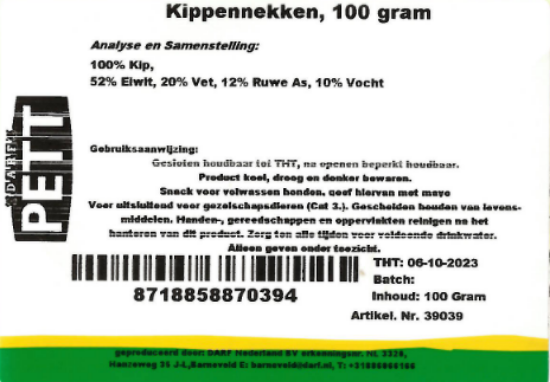 Een etiket van snack kippennekken van Darf