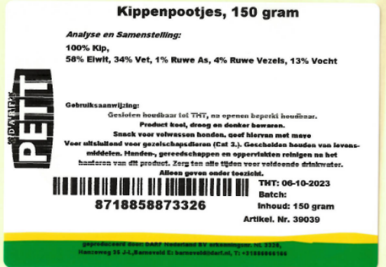 Een etiket van gedroogde snack kippenpoten van Darf