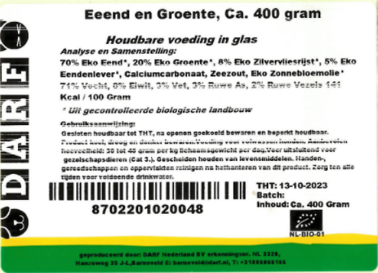 Een etiket van de houdbare biologische eend en groente van Darf