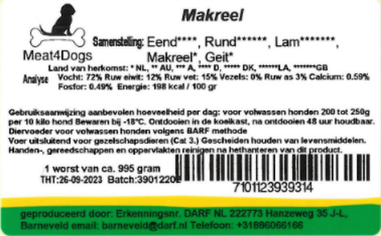 Een etiket van Meat4Dogs Makreel