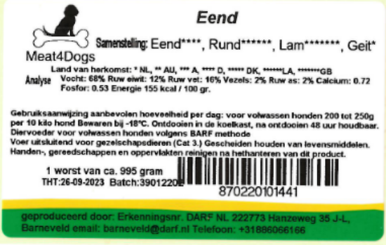 Een etiket van Meat4Dogs Eend