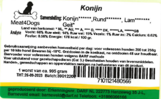 Een etiket van Meat4Dogs Konijn