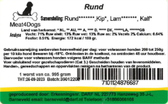 Een etiket van Meat4Dogs Rund