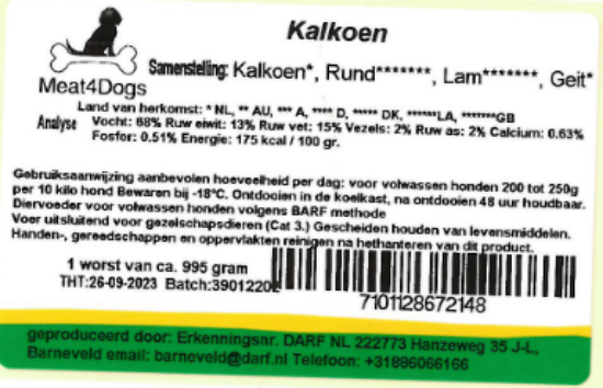Een etiket van Meat4Dogs Kalkoen