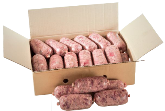 Een doos met daarin en daarvoor Darf zalm worstrolletjes