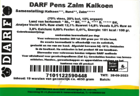 Een etiket van DARF Pens Zalm Kalkoen