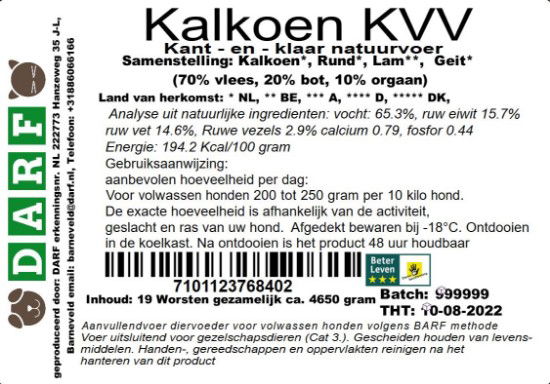 Een etiket van DARF Kalkoen KVV