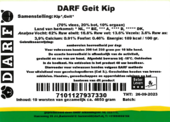 Een etiket van de geit en kip worstrolletjes van Darf